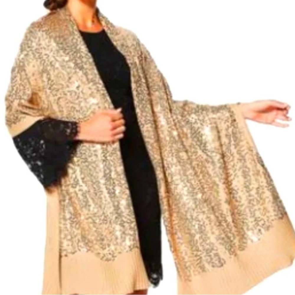 Iman Global Chic Gold Sequin Tan Ribbed Scarf Wrap Boxed NEW NWT NIB